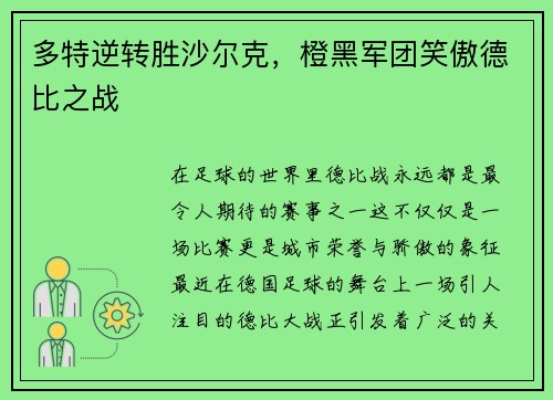 多特逆转胜沙尔克，橙黑军团笑傲德比之战